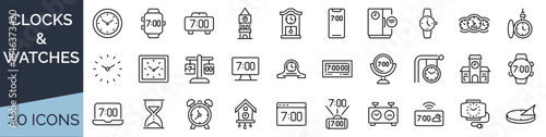 Set of 30 outline icons related to clock. Linear icon collection. Editable stroke. Vector illustration