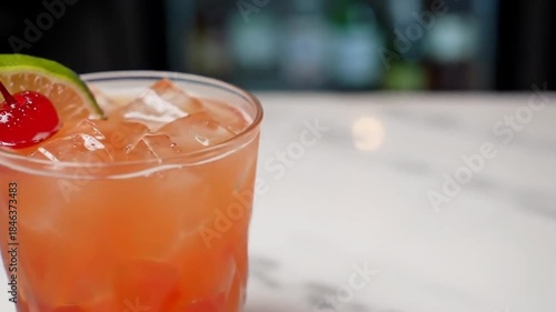 Summer Cocktail. Ice Drink with Cherry & Lime at a Bar. Food Blog