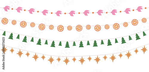 Christmas garlands set. Festive ornaments, winter holiday decorations with Xmas tree, star, paper bird, orange on string. Hanging adornments. Flat vector illustrations isolated on white background