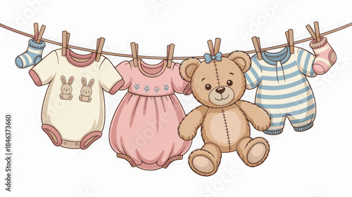Baby Clothes and Teddy Bear Hanging Illustration