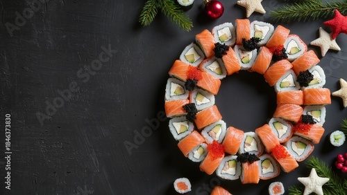 Christmas Sushi Wreath with Salmon Rolls and Festive Decorations on Black Background