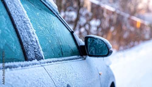 Frost covers a car parked on a snowy road in winter season at morning time