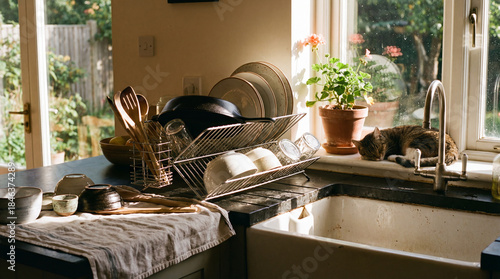 A serene kitchen scene feat...