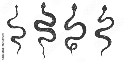 Celestial set kundalini snake magic line tattoo. Boho mystic snake with moon stars. Black serpent silhouette.symbol of spiritual awakening, vitality and inner peace.