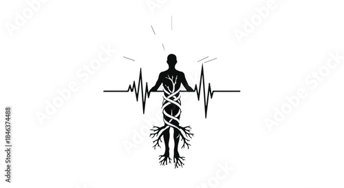 Human silhouette with roots and heartbeat pulse symbolizing life and connection to nature