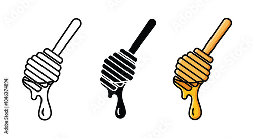 Honey dipper icon set - Line and glyph solid icon set - Solid icons vector collection - Blue icon set - Icon vector - Flat Design Icon