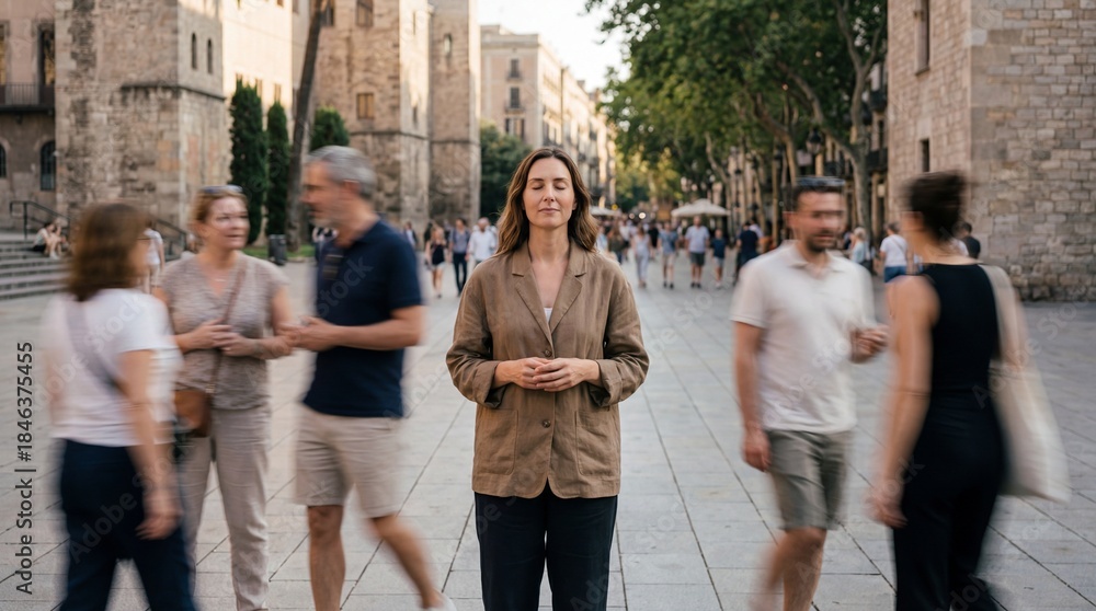 Obraz premium A composed individual standing in a historical city center surrounded by others, radiating self-assurance in a dynamic urban scene.