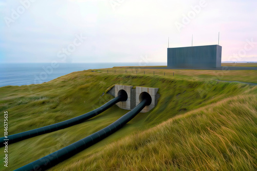 Black industrial pipelines emerging from grassy coastal hill near modern facility.