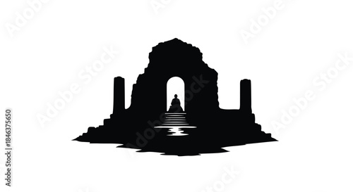 Mysterious silhouette of ancient ruins with a solitary figure at its center, evoking history and contemplation.