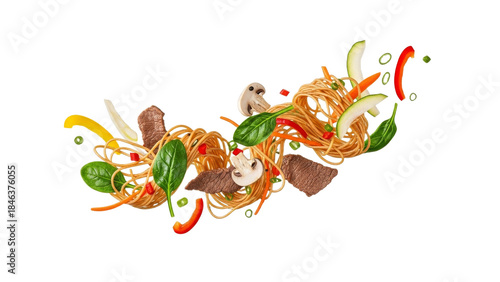 Floating symphony of asian cuisine: Stir-fry noodles with vibrant ingredients in mid-air explosion