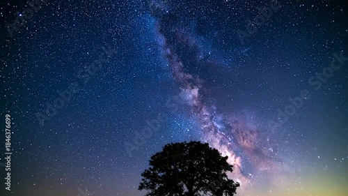 A large tree silhouetted against a night sky filled with the Milky Way and countless stars