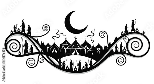 Mystical desert encampment under a crescent moon with silhouetted figures