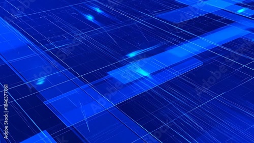 A vibrant digital artwork featuring geometric shapes and light trails against a deep blue background