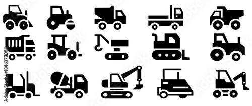 Modern heavy machinery icons including excavator, bulldozer, crane, and trucks. Clean line art vector perfect for technical design.