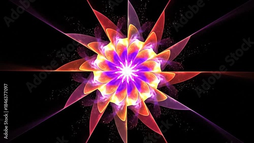 A vibrant, colorful digital fractal. Featuring petal-like shapes radiating from a bright central core