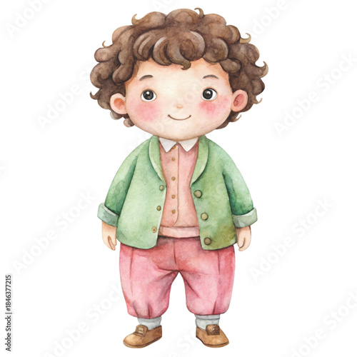 Cute watercolor illustration of a little boy with black curly hair smiling happily vector