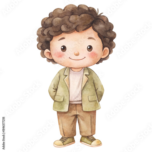 Cute watercolor illustration of a little boy with black curly hair smiling happily vector