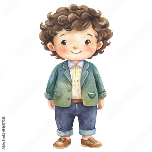 Cute watercolor illustration of a little boy with black curly hair smiling happily vector