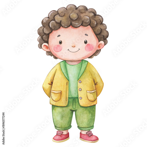 Cute watercolor illustration of a little boy with black curly hair smiling happily vector