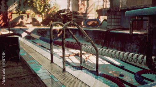 Wallpaper Mural Rusted ladders and empty lanes showcase an abandoned pool area filled with the echoes of past joy. Overgrown plants hint at nature reclaiming this once vibrant space during golden hour. Torontodigital.ca