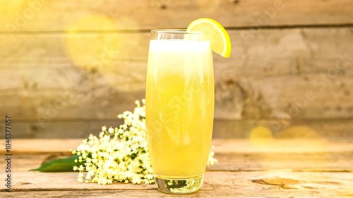 A tall glass of yellow drink with a lemon slice garnish next to small white flowers