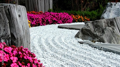 Serene garden scene featuring raked gravel, colorful flowers, wooden planks, and aged wooden stumps