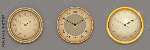 Elegant vintage clock with golden frame and classic Roman numerals. Antique wall timepiece with luxury Victorian design and traditional dial face. Decorative vintage clock in rich metallic finish.