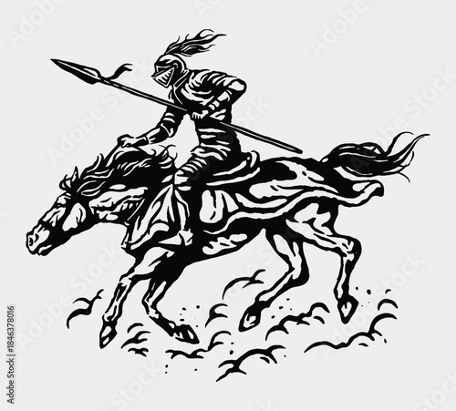 A fierce knight charges forward on horseback with a spear in hand, captured in expressive bold vintage strokes.