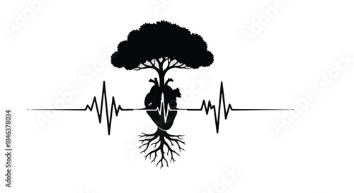 Symbolic representation of life, health, and growth with a heart, tree, and heartbeat line.