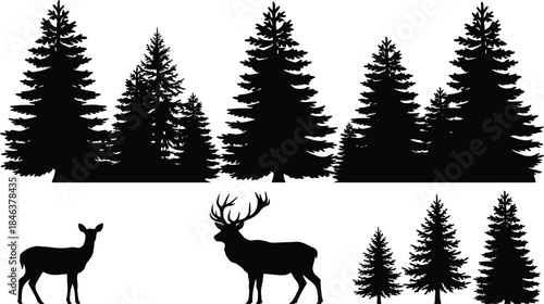 Pine forest silhouettes with deer, wild nature landscape, evergreen trees, woodland scenery, wildlife concept, black silhouettes, white background