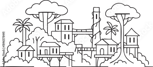 Stylized black and white line art depiction of stilted houses and trees in a tropical environment