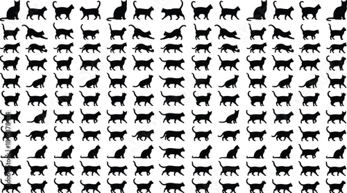 Cat silhouette pattern collection, black feline icons, walking sitting poses, domestic pet shapes, seamless design, animal illustration, white background