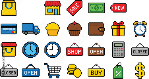 Pixel art shopping icons set, ecommerce store elements, sale tags, payment symbols, retail business concept, colorful 8 bit illustration