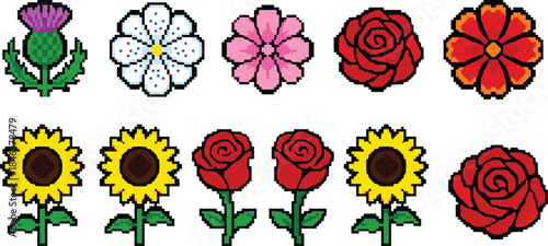 Pixel art flower icons set with roses, sunflowers, blossom blooms, floral elements collection, colorful retro 8 bit illustration