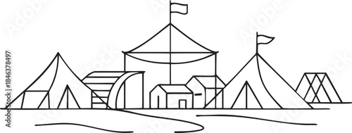 Black and white line art illustration of a campsite with tents and small buildings camping outdoor