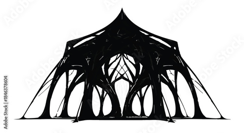 Abstract, dark, organic structure resembling a futuristic tent or canopy against a white background.