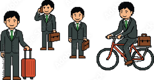 Pixel art businessman character set, office work, business travel, phone communication, commuting lifestyle, professional career, retro game illustration
