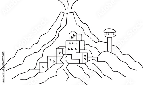 Black and white line art illustration of a volcano with buildings and a tower mountain eruption