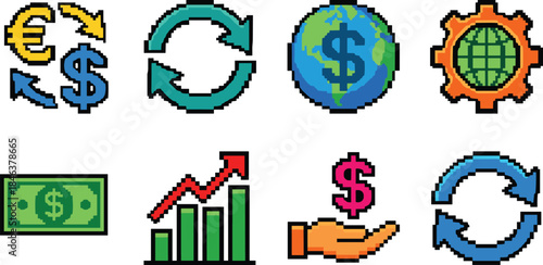 Pixel art finance and economy icons set, currency exchange global money, growth chart profit cycle, retro game style illustration