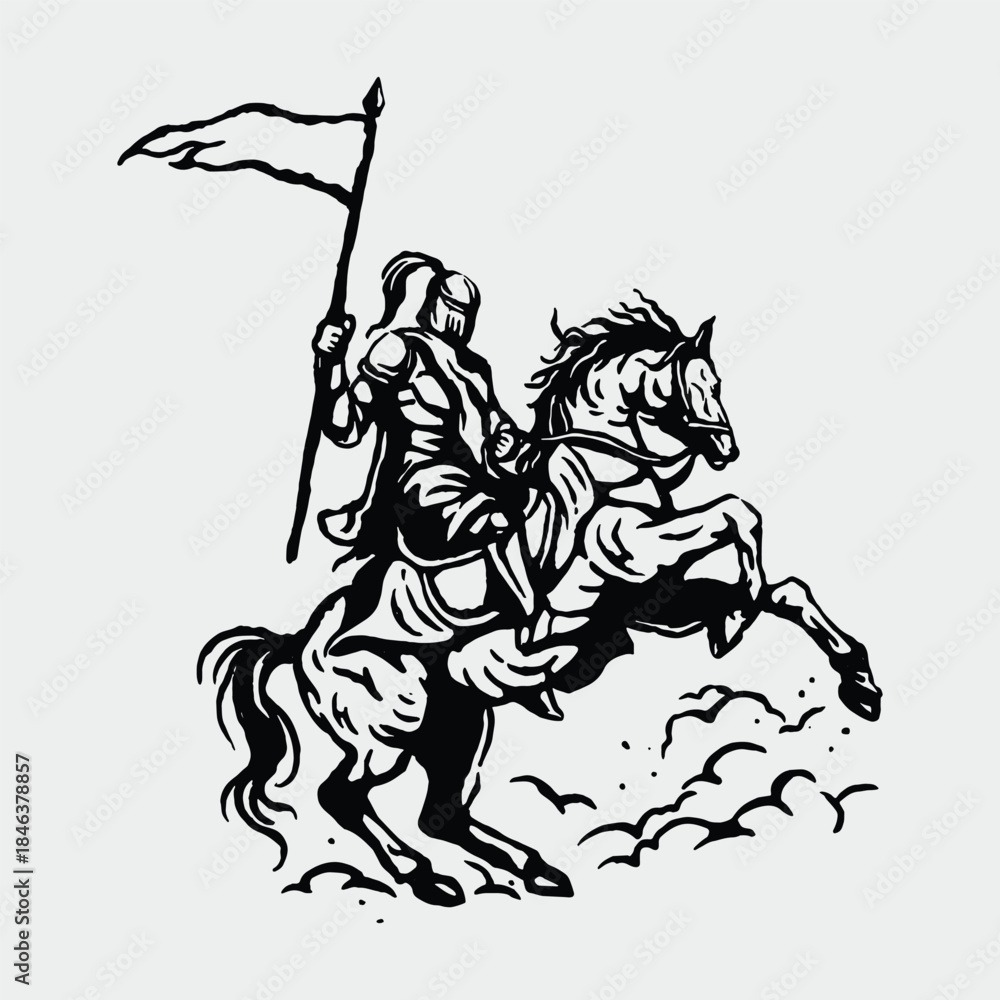 Fototapeta premium A proud medieval knight carries a flag while riding a horse, symbolizing victory and honor in a classic bold design.