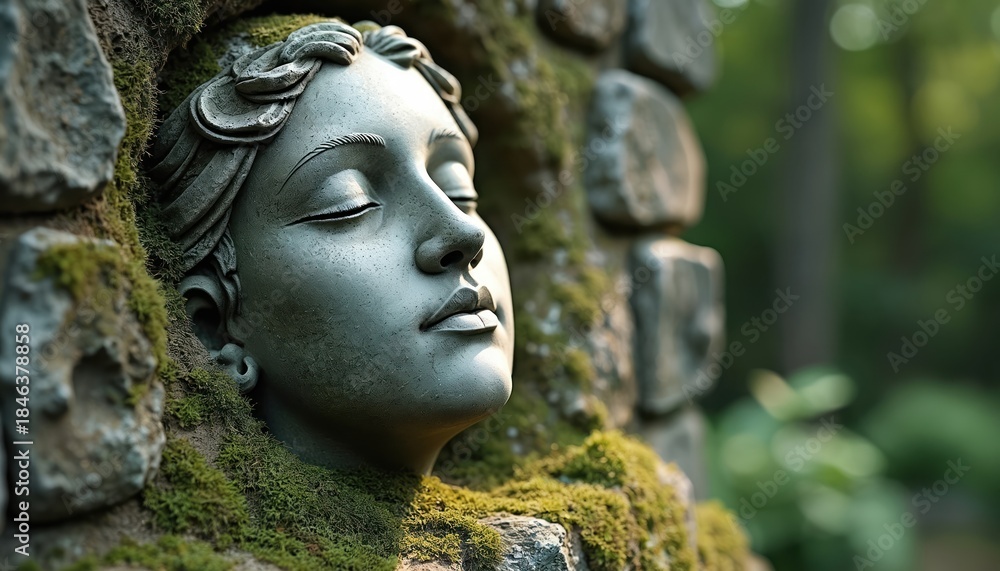 Fototapeta premium Stone sculpture of a woman serene face, partially covered in moss, set against a natural stone wall. Lush green foliage forms the background, suggesting a tranquil garden setting.