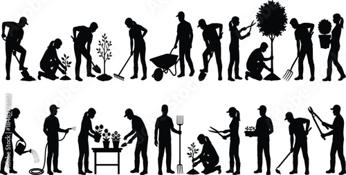 Gardening silhouettes collection, people planting trees and flowers, outdoor garden work activities, farming tools, nature care concept, black figures