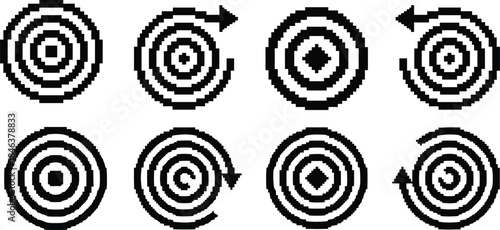 Pixel art abstract circular arrow icons set, rotation reload target symbols, minimal black white geometry, retro UI illustration