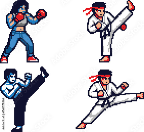 Pixel art martial arts fighters character set, karate and kickboxing action poses, combat sprites, retro arcade fighting game illustration assets