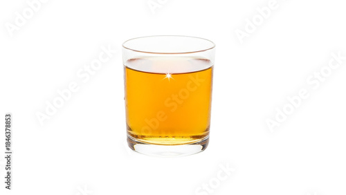 Refreshing amber liquid in clear glass against clean backdrop conveying simple refreshment or healthy juice concept on white plane
