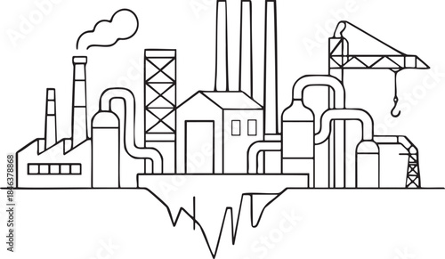 Black and white line art illustration of an industrial factory complex with smokestacks and pipes