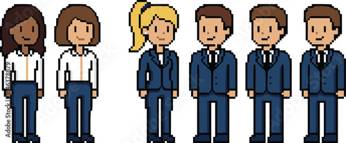 Pixel art business team character set, diverse office workers, men and women avatars, corporate staff, retro game style illustration pack