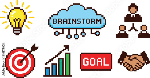 Pixel art business strategy icons set, brainstorm idea goal target growth teamwork success collaboration illustration