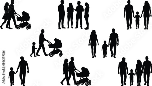 Family silhouettes collection, parents with children, walking people, baby stroller scenes, modern lifestyle, parenting concept, isolated black figures