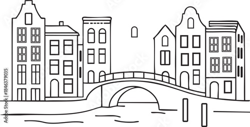 Black and white line art illustration of canal houses and arched bridge architecture building